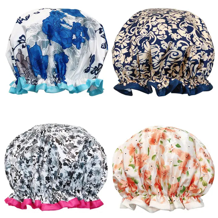 Wrapables Double Layer Waterproof Shower Caps, Majestic Floral (Set of 4)